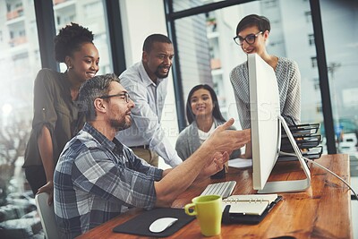 Buy stock photo Business people, computer and teamwork for design project, brainstorming and research for creative agency. Group, online reading or employees with pc, internet and professional with ideas or planning