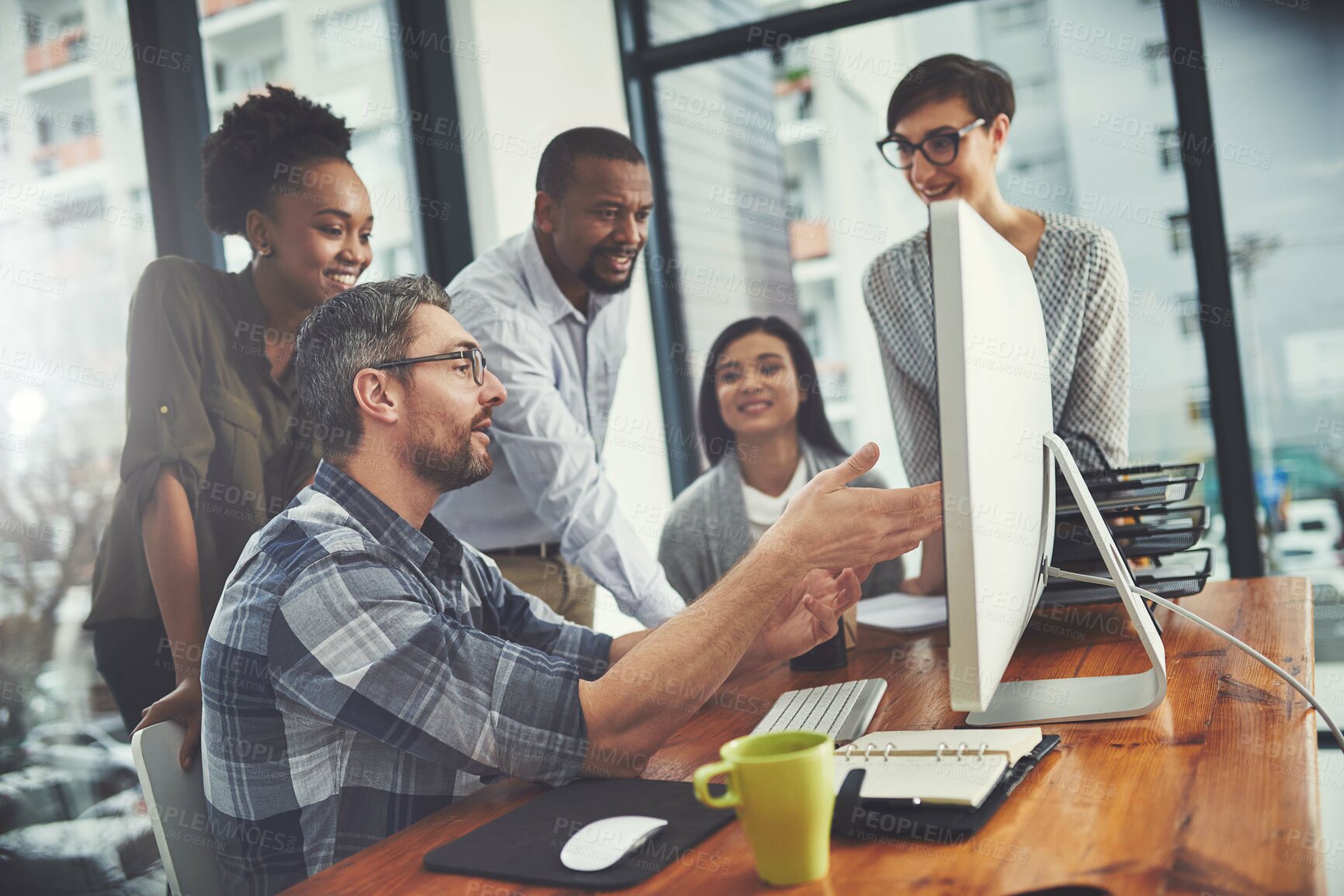 Buy stock photo Business people, computer and teamwork for design project, brainstorming and research for creative agency. Group, online reading or employees with pc, internet and professional with ideas or planning