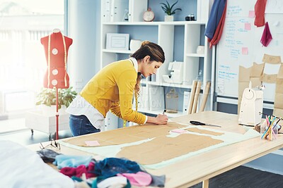 Buy stock photo Seamstress, design studio and measurement for tailor, startup or trendy small business. Designer, mannequin and drawing for creative, boutique clothes and skills in artistic workshop for entrepreneur