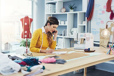 Buy stock photo Business, problem and woman with phone call for fashion, delivery and planning logistics on order. Tailor, client or invoice mistake at warehouse in manufacturing info or contact employee in workshop