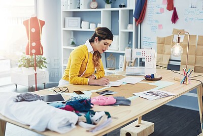 Buy stock photo Woman, fashion designer and drawing in creative workshop for brainstorming ideas, textile or fabric. Female person, desk and clothing patterns in studio or small business, manufacturing or dressmaker