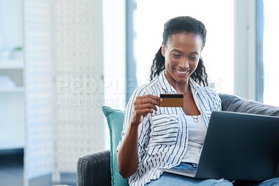Buy stock photo Relax, laptop and woman with credit card on sofa for transaction, e commerce or online shopping in living room. Payment, app and African person for purchase, subscription or internet banking in home