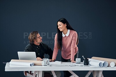 Buy stock photo Teamwork, architecture or discussion in office with laptop for planning, remodeling papers or building ideas. Engineering, people and happy with research for project management or renovation strategy