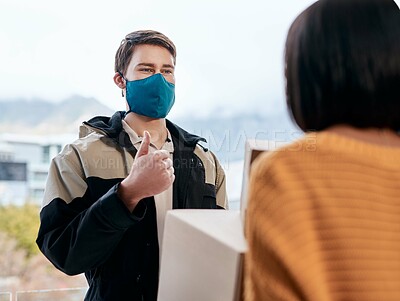Buy stock photo Delivery man, thumbs up and woman with boxes on mask at home for online shopping, package and parcel. People, employee and customer on pandemic with courier for social distancing and quarantine
