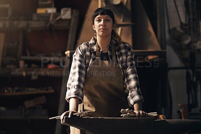 Buy stock photo Foundry, workshop and portrait of woman with tools for industry, manufacturing and manual labor. Industrial factory, welding and female person for steel, iron and metal production for craftsmanship