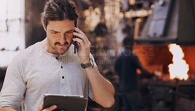 Buy stock photo Tablet, phone call and a welding man in a plant for manufacturing, production or metal work. Logistics, construction and technology with an industrial blacksmith working in a factory or workshop