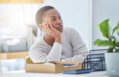 Buy stock photo Bored, tired and black woman in office reading creative research on computer for sleeping. Exhausted, burnout and African female copywriter working on desktop for project in startup workplace.