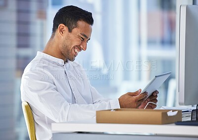Buy stock photo Social media, smile and tablet with business man at desk in office for administration, research or report. App, internet and technology with happy young employee in workplace for online planning