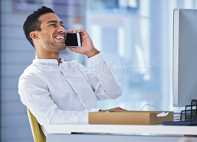Buy stock photo Business, phone call and man at desk, communication and connection with conversation, talking and public relations. Happy person, funny or employee with smartphone, contact and speaking with schedule