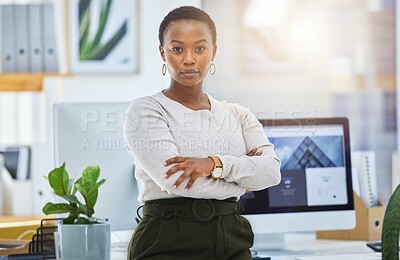 Buy stock photo Corporate, portrait and black woman with arms crossed in office for confidence, career pride or ambition. Lens flare, serious and female admin clerk for professional, determination or company goal