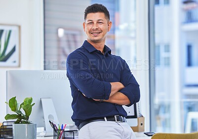 Buy stock photo Portrait, happy and business man with arms crossed in office for career and job at workplace in Brazil. Pride, professional and smile of confident entrepreneur, employee and broker working in company