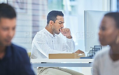 Buy stock photo Burnout, yawn and tired businessman with computer in office for planning, reading or project research. Sleepy, fatigue or manager bored in coworking space for faq, crm or b2b networking communication