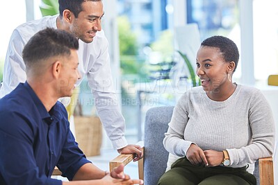 Buy stock photo Woman, team and office with smile, collaboration and discussion for new project. Web designer, workspace and creative process for teamwork, planning and small business employee growth for training