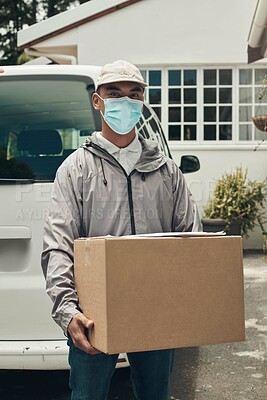 Buy stock photo Portrait, parcel or face mask for delivery man by car with courier for shipment, e commerce or package. House, transport vehicle or service with box for postage, safety compliance or online shopping