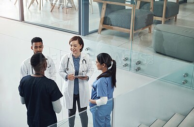 Buy stock photo Doctor, nurse and group in hospital with team for medical talk with patient health for surgeon with report. Strategy, working and planning in America with diagnosis for corrective treatment in clinic