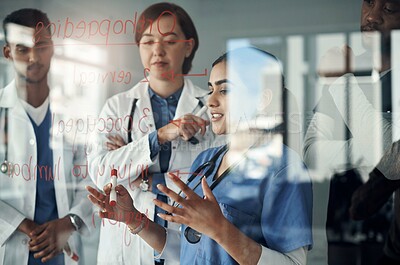 Buy stock photo Doctor, nurse and planning on glass board for medical solution, brainstorming and problem solving of patient injury. Healthcare surgeon or group thinking, teamwork and decision with orthopedic steps