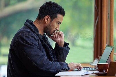 Buy stock photo Man, laptop and cafe with remote work, thinking and research or idea for creative writer. Freelance author, technology and coffee shop with email, business and startup project for website article