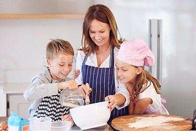 Buy stock photo Baking, family and recipe in kitchen of home together learning how to cook or prepare fresh pastry. Love, smile or happy with mother, daughter and son in apartment to bake ingredients or food