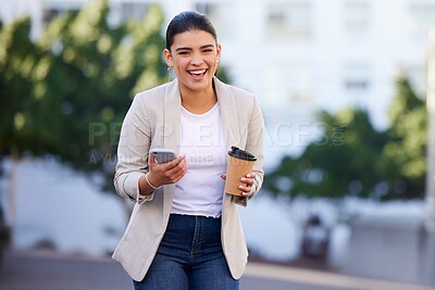 Buy stock photo Woman, smartphone and walking in city for coffee break, happy professional news with email or excited about travel. Business opportunity, reaction and online communication in urban street with drink