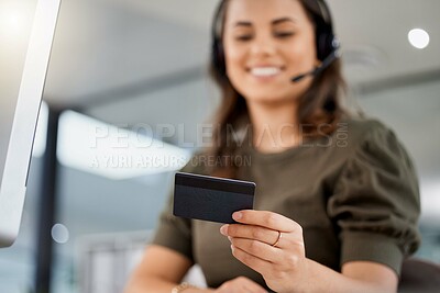 Buy stock photo Call center, woman and credit card in office for online shopping, computer and payment for discount. Consultant, e commerce and banking with fintech, budget and financial decision with workplace pc