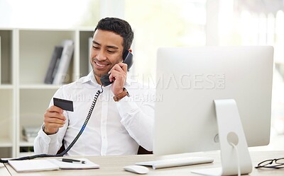 Buy stock photo Business, phone call and man with a credit card, payment and speaking with ecommerce, banking and confirm transaction. Male person, happy employee and guy with a telephone, finance and investment