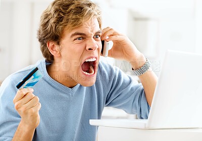 Buy stock photo Man, anger and phone call for credit card fraud, finance help desk and website glitch for online shopping. Male person, bad customer experience and error on payment, order and banking app hacking