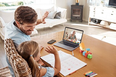 Buy stock photo E learning, video call and teacher with child and dad study education or homework at home. Virtual, online and distance learning with father and girl student remote, class or school