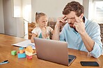 Education, homeschooling and headache with annoyed father helping his girl in an online distance learning class on laptop. Unhappy parent and child argue, angry about fail report and learning problem