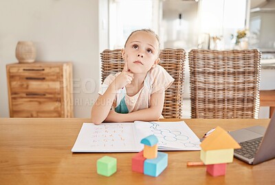 Buy stock photo Education, learning and development with a girl thinking of an idea while doing homework or remote studying from home. Student, study and learn with a young female child day dreaming in her house