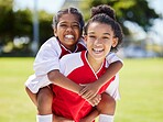 Friends, team and happy smile of sports athlete children together having fun. Teamwork, happiness and kid portrait of girls on a workout, youth fitness and exercise before a game on a outdoor field