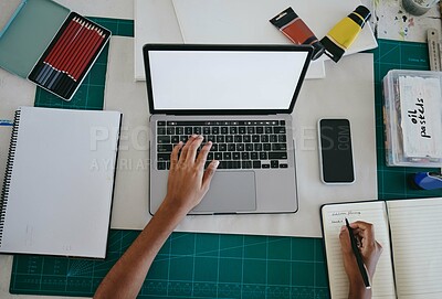 Buy stock photo Hand, laptop and creative writing above for design or art at work on office desk. Hands of designer, freelancer or artist working with computer and notebook on table for notes, idea and write