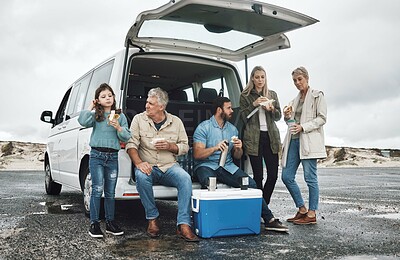 Buy stock photo Grandparents, parents and child eating with travel, road trip and resting while outdoor for holiday, vacation and talking. Family, parents or girl with food on adventure, travelling or together