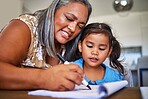 Girl homework, learning and grandmother helping child with school education in a notebook in their home. Kid and senior woman, creative drawing or homework writing for knowledge and learning alphabet