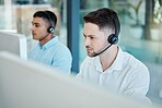Call center, focused businessman and helping with customer service advice online. Operator, telemarketing and consultant  offering digital support using a headset. Hotline agent, contact us and help 