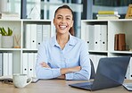 Portrait, office and business woman on laptop for corporate workplace management, accounting and financial data strategy success. Sales, target and professional worker at desk with career in finance