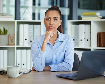 Buy stock photo Business woman, thinking and laptop in planning, strategy or design sitting by the desk at the office. Female employee worker contemplating, idea or solution for corporate marketing or project plan