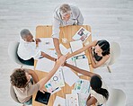 Team work, hands or creative business people in a meeting planning a logo, branding or marketing color on paper. Designers, top view or employees working with senior manager on strategy or kpi goals