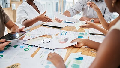 Buy stock photo Business people, hands and marketing documents in meeting in office. Teamwork, strategy and group of employees with paperwork, statistics and graphs for kpis, advertising and planning sales project.