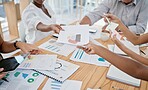 Business people, hands and marketing documents in meeting in office. Teamwork, strategy and group of employees with paperwork, statistics and graphs for kpis, advertising and planning sales project.