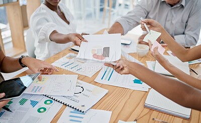 Buy stock photo Business people, hands and marketing documents in meeting in office. Teamwork, strategy and group of employees with paperwork, statistics and graphs for kpis, advertising and planning sales project.