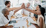 Designer, teamwork or employees high five for meeting kpi goals, sales target success or group achievement in office. Winners, color or happy creative people with pride, motivation or winning mindset