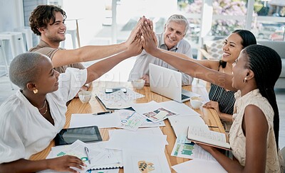 Buy stock photo Designer, teamwork or employees high five for meeting kpi goals, sales target success or group achievement in office. Winners, color or happy creative people with pride, motivation or winning mindset
