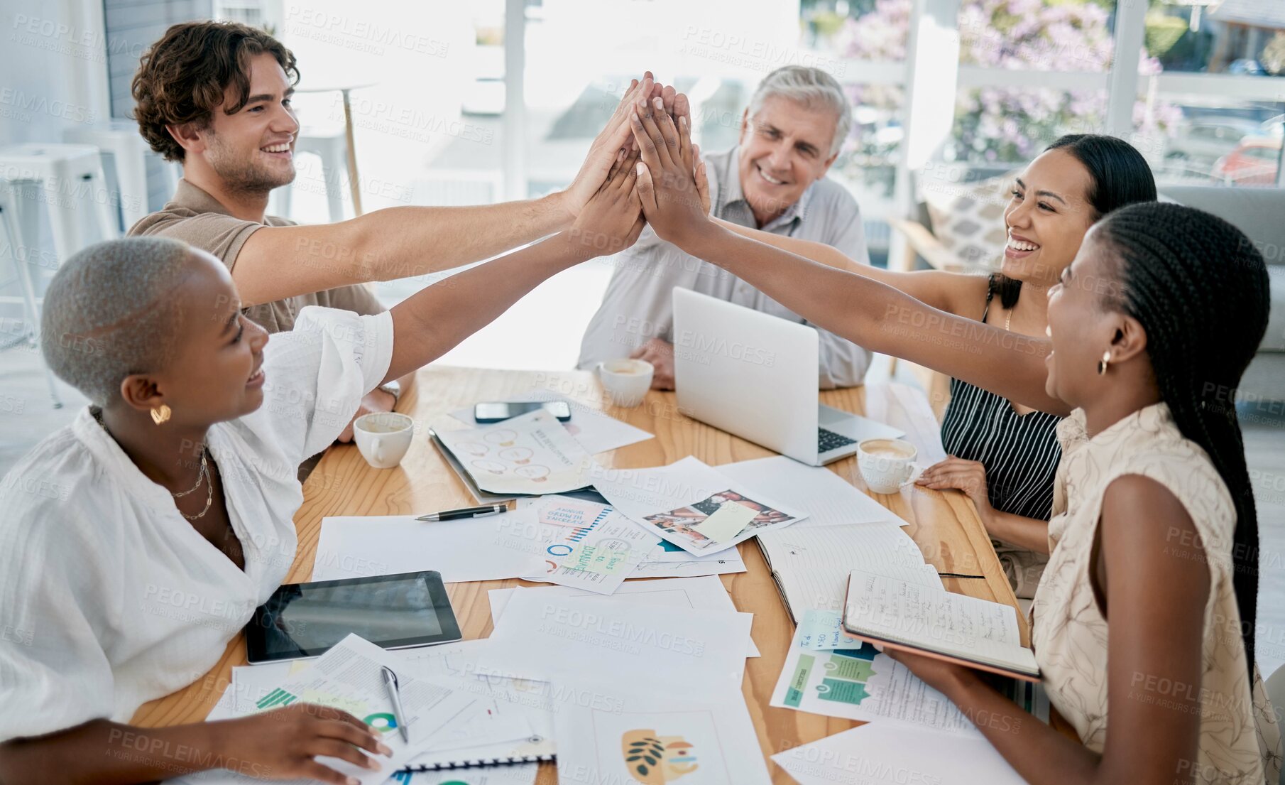 Buy stock photo Designer, teamwork or employees high five for meeting kpi goals, sales target success or group achievement in office. Winners, color or happy creative people with pride, motivation or winning mindset