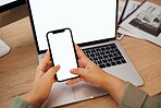 Screen, laptop and person typing on a phone and search internet for branding and business technology or social media. Online, ux and hands of entrepreneur writing on mobile app, email and networking