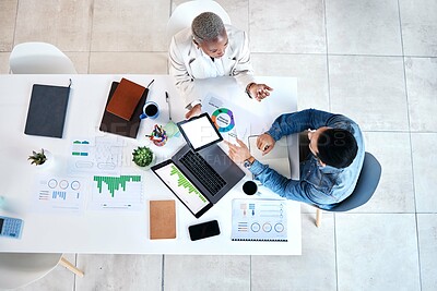 Buy stock photo Creative, business people and meeting in office from above for marketing, analysis and statistics review. Top view, advertising and team with chart, graph or laptop for budget on project planning