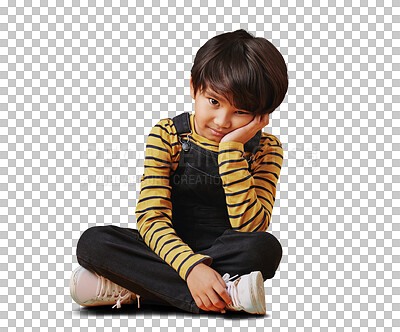 Buy stock photo Boy child, bored and hand on face sitting with tired, rest or depressed gesture on a png transparent background. Portrait, person and kid with relax, sad or disappointed expression for mental health