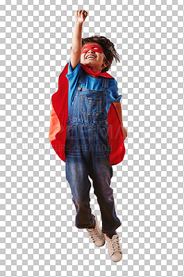 Buy stock photo Superhero action, flight and child smile as pretend character, having fun and imagine comic cosplay, rescue and crime protection. Hero costume, fearless or kid flying on transparent, png background