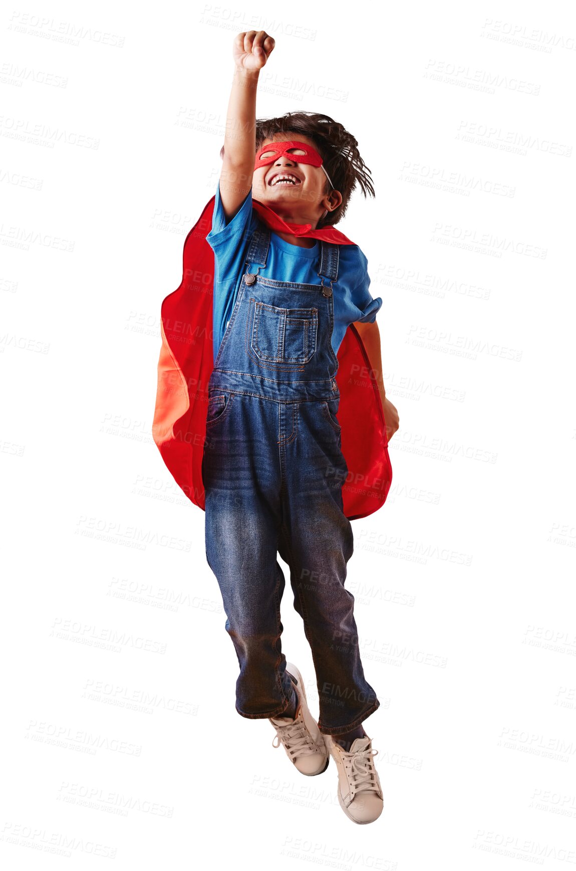 Buy stock photo Superhero action, flight and child smile as pretend character, having fun and imagine comic cosplay, rescue and crime protection. Hero costume, fearless or kid flying on transparent, png background