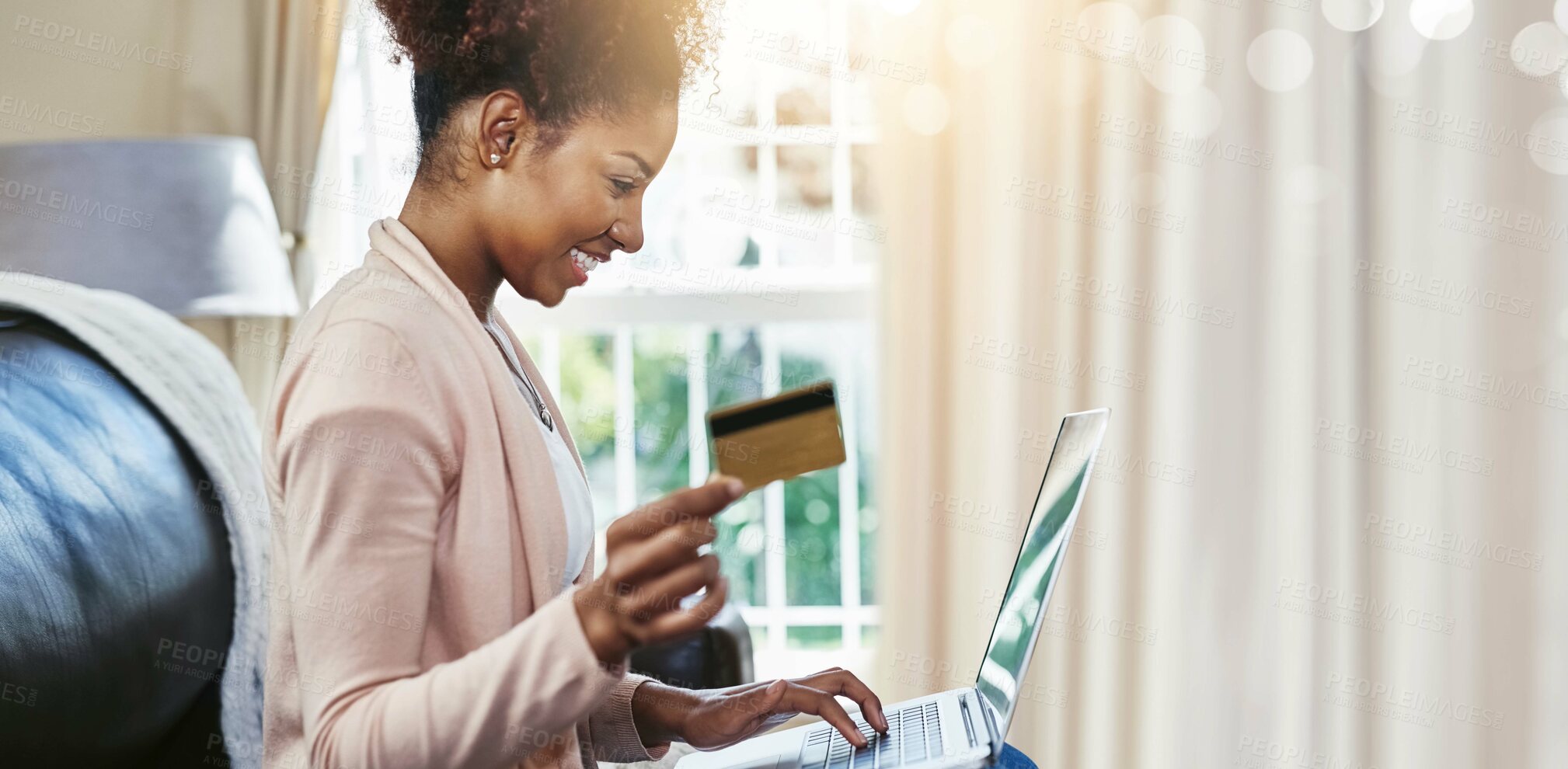 Buy stock photo Credit card, laptop and black woman in home in morning for online shopping, internet purchase and payment. Ecommerce, fintech and happy person on computer for website, sales and digital banking