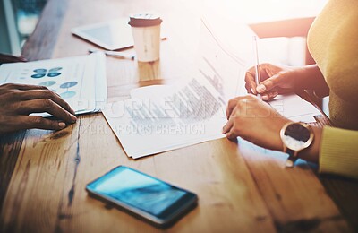 Buy stock photo Business people, hands and signing paperwork in office for insurance compliance, agreement or reading contract. Employees, documents and signature for approval with legal form, deal and recruitment